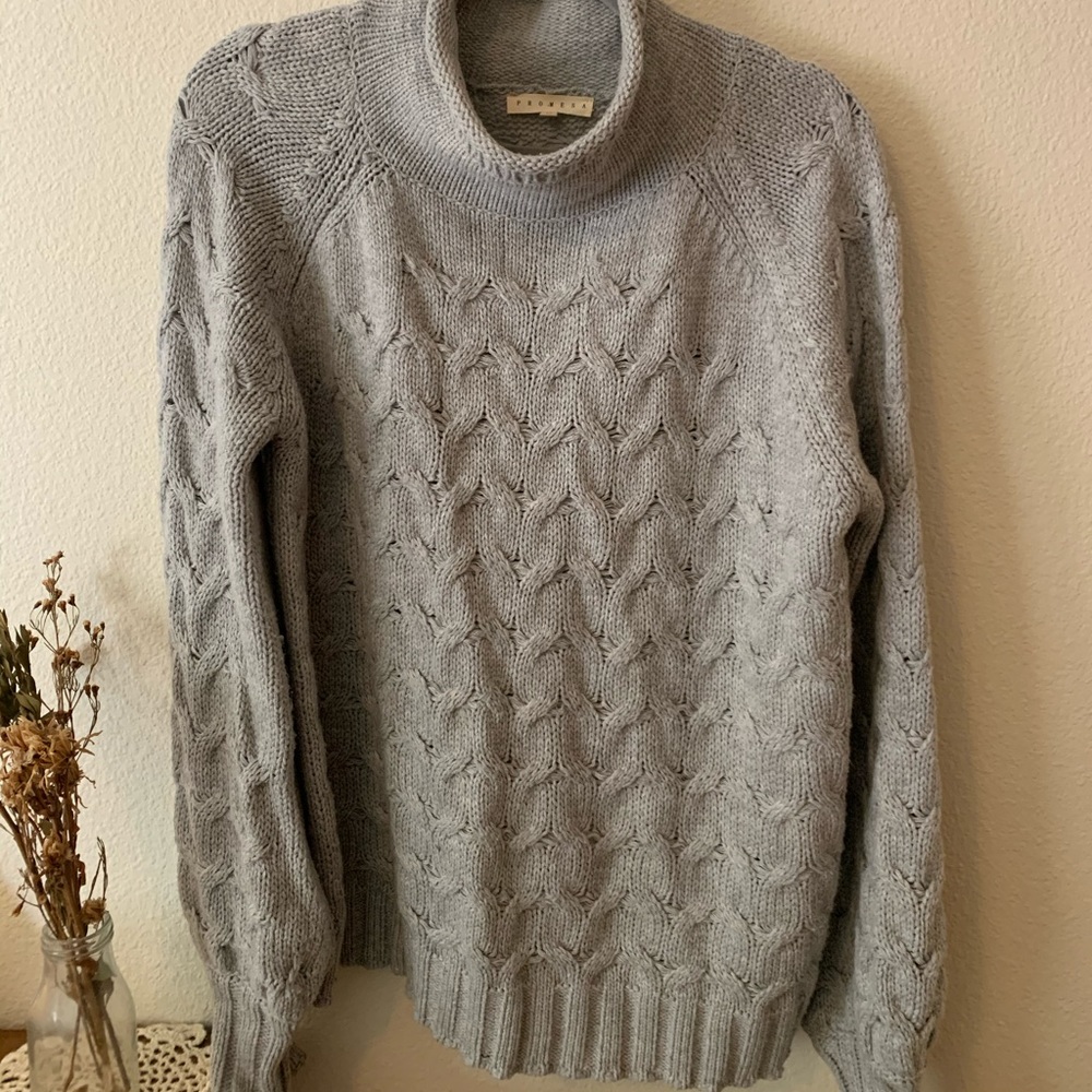gray mock neck knit sweater